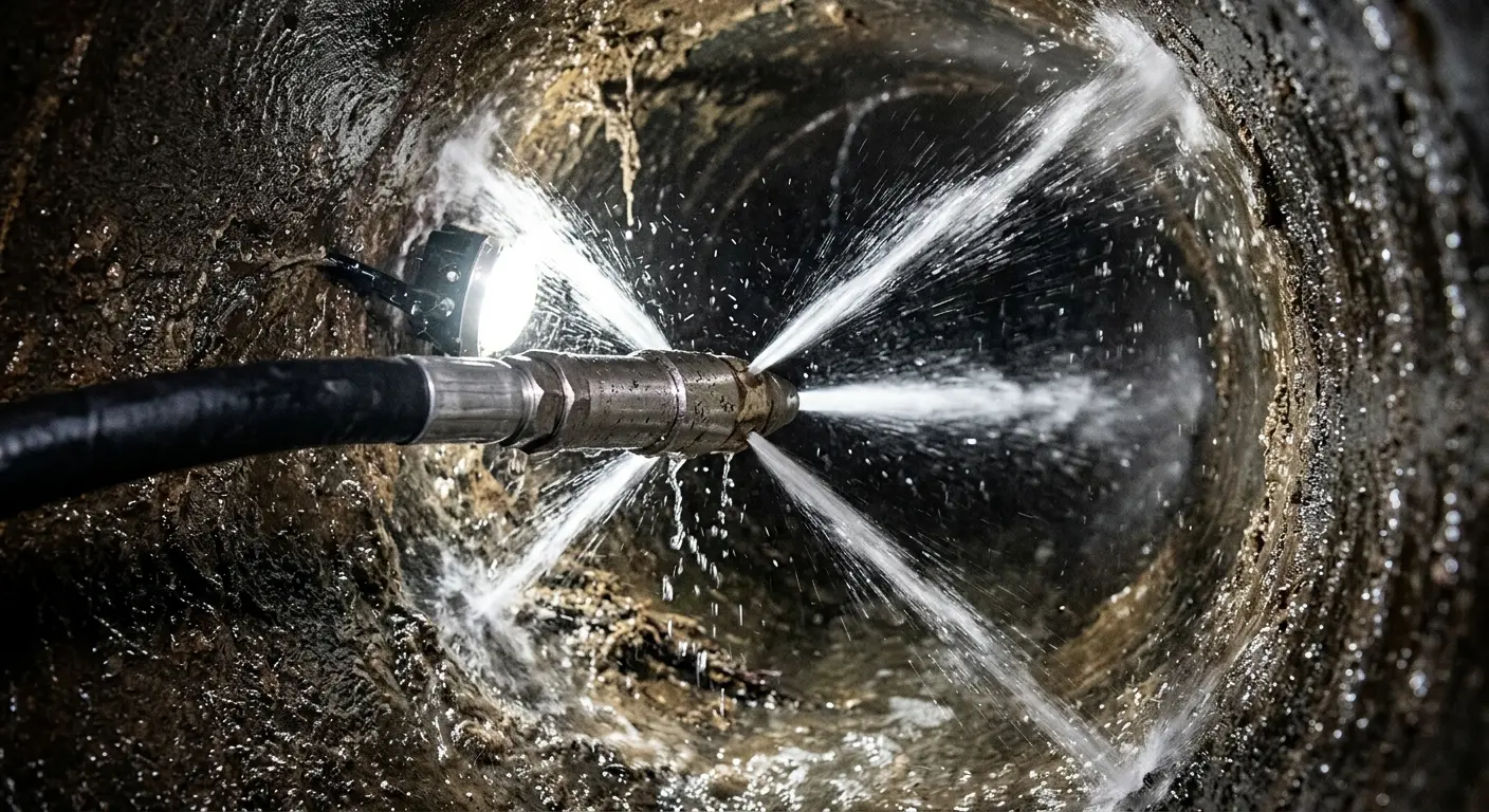 High-pressure hydro jetting nozzle cleaning sewer pipe for Trenchless Sewer Repair in Perkiomen