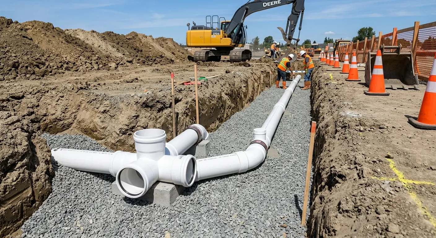 New PVC sewer pipe installation in open trench for Commercial Drain Cleaning in Perkiomen