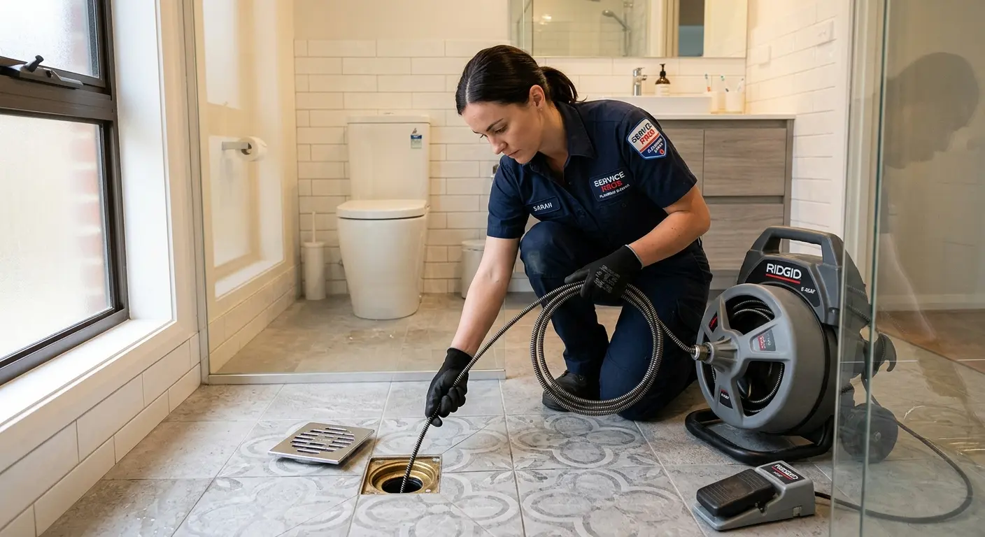 Technician clearing a bathroom floor drain for Drain Repair in Perkiomen